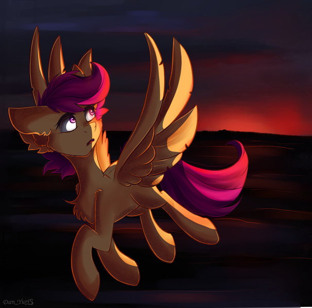 Size: 2707x2681 | Tagged: safe, artist:yuris, derpibooru import, scootaloo, pegasus, pony, commission, cute, female, flight, image, png, sky, solo, spread wings, sunset, wings, ych result