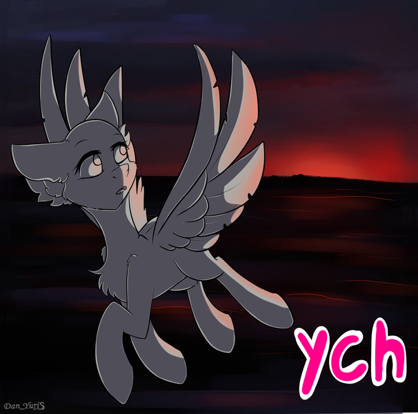 Size: 2707x2681 | Tagged: safe, artist:yuris, derpibooru import, oc, unofficial characters only, pony, advertisement, auction, commission, cute, flight, image, png, sky, solo, spread wings, sunset, wings, ych sketch, your character here