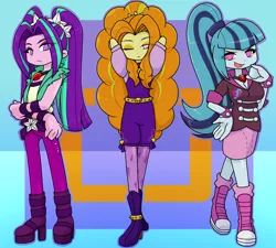 Size: 2220x2000 | Tagged: safe, artist:batipin, derpibooru import, adagio dazzle, aria blaze, sonata dusk, equestria girls, rainbow rocks, arm behind head, breasts, busty sonata dusk, cleavage, clothes, converse, female, image, looking at you, no pupils, one eye closed, open mouth, png, shoes, skirt, sneakers, solo, the dazzlings