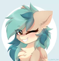 Size: 2101x2180 | Tagged: safe, artist:lunylin, derpibooru import, oc, oc:peacher, unofficial characters only, pegasus, pony, bust, chest fluff, image, jpeg, looking at you, one eye closed, pegasus oc, portrait, smiling, smiling at you, wings, wink