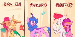 Size: 2000x1000 | Tagged: safe, artist:scribble-potato, derpibooru import, hitch trailblazer, izzy moonbow, pipp petals, sprout cloverleaf, sunny starscout, zipp storm, butterfly, changedling, changeling, classical hippogriff, hippogriff, insect, kirin, changedlingified, female, g5, hippogriffied, image, jpeg, kirinified, male, mane five (g5), smiling, species swap