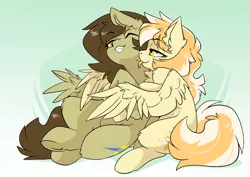Size: 3508x2480 | Tagged: safe, artist:arctic-fox, derpibooru import, oc, oc:orange cream, oc:static spark, unofficial characters only, pegasus, pony, hug, hug from behind, image, looking at each other, looking at someone, mlem, png, silly, smiling, tongue out, winghug, wings