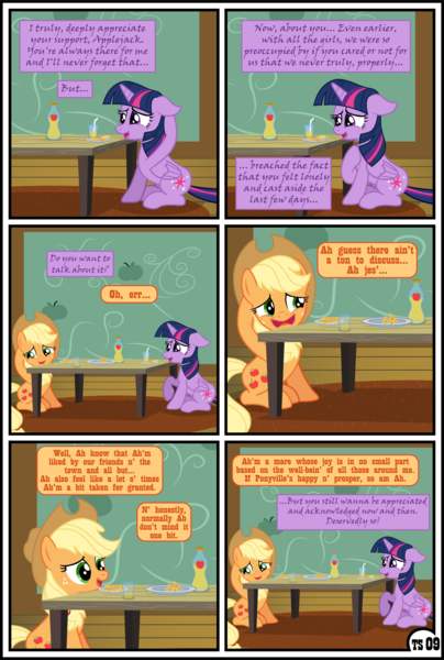 Size: 1600x2379 | Tagged: safe, artist:gutovi, derpibooru import, applejack, twilight sparkle, twilight sparkle (alicorn), alicorn, earth pony, pony, comic:why me!?, alternate ending, apple, apple juice, comic, female, food, hat, high res, image, juice, lesbian, mare, png, shipping, show accurate, sweet apple acres, table, twijack