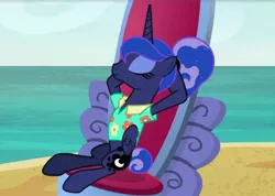 Size: 2048x1455 | Tagged: safe, derpibooru import, screencap, princess luna, alicorn, pony, between dark and dawn, season 9, spoiler:s09, alternate hairstyle, beach, clothes, cute, female, hawaiian shirt, image, jpeg, mare, ocean, relaxing, shirt, tail, tail bun, throne, water