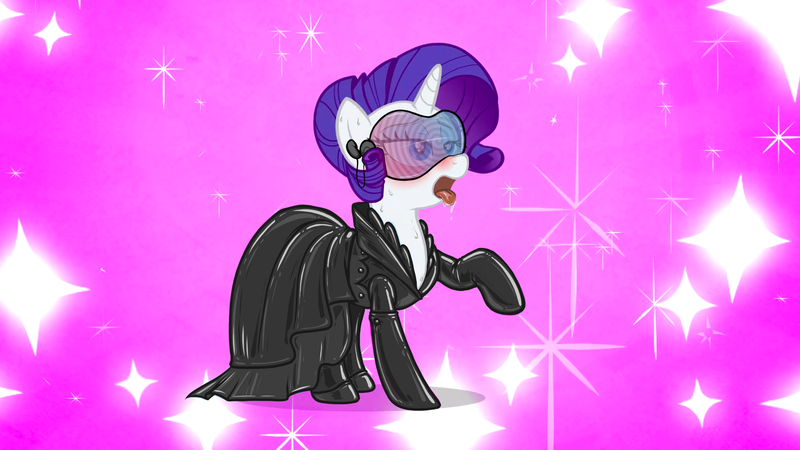 Size: 1600x900 | Tagged: questionable, edit, edited screencap, editor:anonymous, screencap, rarity, pony, unicorn, too many pinkie pies, /mlp/ latex requests, aroused, blue eyes, blue eyeshadow, blushing, clothes, dress, earbuds, eyeshadow, female, gala dress, gloves, hypnogear, hypnosis, hypnotized, image, latex, latex dress, latex gloves, latex stockings, lidded eyes, looking forward, makeup, mare, open mouth, pink background, png, purple mane, raised hoof, salivating, show accurate, simple background, solo, solo female, sparkles, sparkly background, standing, stockings, sweat, thigh highs, tongue out, white coat