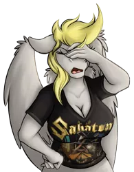 Size: 717x921 | Tagged: safe, artist:jamescorck, derpibooru import, derpy hooves, anthro, pegasus, breasts, busty derpy hooves, clothes, commission, derpy hooves is not amused, digital art, facepalm, female, image, pants, png, sabaton, shirt, simple background, solo, spread wings, thighs, transparent background, unamused, wide hips, wings