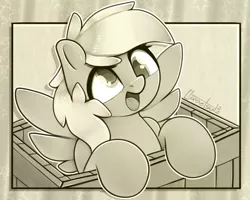 Size: 1340x1071 | Tagged: safe, artist:llametsul, derpibooru import, derpy hooves, pegasus, pony, atg 2022, box, cute, female, filly, foal, if i fits i sits, image, monochrome, newbie artist training grounds, open mouth, open smile, png, pony in a box, signature, smiling, solo
