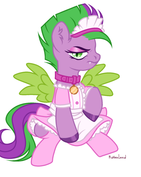 Size: 1200x1498 | Tagged: safe, artist:kawaiizhele, derpibooru import, spike, ponified, pegasus, pony, clothes, collar, crossdressing, eyeshadow, fake eyelashes, femboy, image, maid, maid headdress, makeup, male, png, ponified spike, simple background, socks, solo, species swap, spike is not amused, stallion, stockings, thigh highs, transparent background, unamused