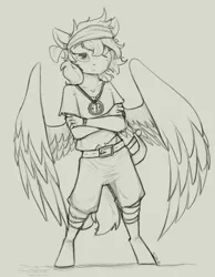 Size: 1400x1800 | Tagged: safe, artist:sinrar, derpibooru import, oc, unofficial characters only, anthro, pegasus, unguligrade anthro, clothes, commission, compass, crossed arms, image, monochrome, pants, png, shirt, simple background, solo, spread wings, standing, wings