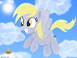 Size: 1280x960 | Tagged: safe, artist:thedarktercio, derpibooru import, derpy hooves, pony, cloud, cute, flying, food, image, jpeg, muffin, sky, solo, sun