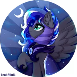 Size: 2000x2000 | Tagged: safe, artist:leah minik, derpibooru import, oc, oc:flaming dune, unofficial characters only, pegasus, pony, armor, blue mane, commission, crescent moon, ethereal mane, female, guardsmare, helmet, hoof shoes, icon, image, looking up, mare, moon, night, night guard, night guard armor, night sky, pegasus oc, png, pose, raised hoof, royal guard, sky, solo, spread wings, starry mane, stars, wings