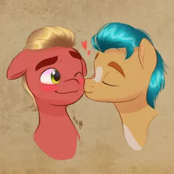 Size: 3158x3158 | Tagged: safe, artist:artharuhi, derpibooru import, hitch trailblazer, sprout cloverleaf, earth pony, pony, my little pony: a new generation, blushing, eyes closed, g5, gay, heart, hitchsprout, image, jpeg, kiss on the cheek, kissing, male, shipping, signature, simple background, stallion