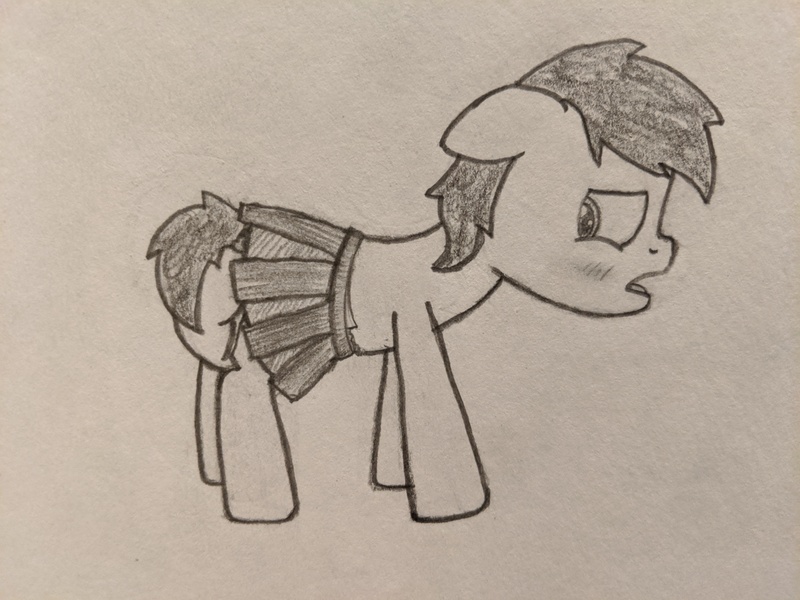 Size: 4032x3024 | Tagged: questionable, artist:craftycirclepony, derpibooru import, oc, oc:anonfilly, unofficial characters only, earth pony, pony, blushing, cheek fluff, clothes, colt, crossdressing, diaper, diaper fetish, dress, ear fluff, female, fetish, filly, foal, grayscale, image, jpeg, leg fluff, lidded eyes, looking back, male, monochrome, non-baby in diaper, solo, traditional art