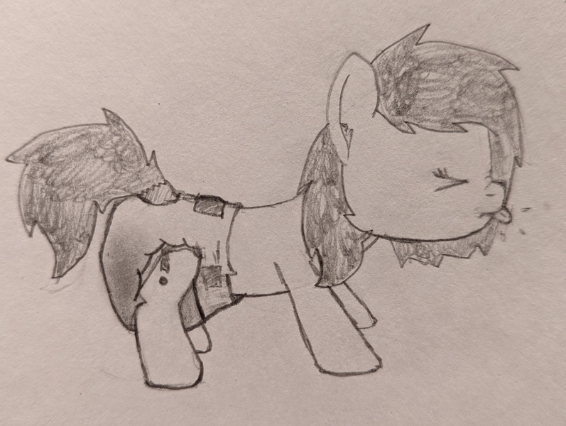 Size: 4080x3072 | Tagged: questionable, artist:craftycirclepony, derpibooru import, oc, oc:anonfilly, unofficial characters only, earth pony, pony, cheek fluff, diaper, diaper fetish, ear fluff, female, fetish, filly, foal, grayscale, image, jpeg, leg fluff, monochrome, non-baby in diaper, onomatopoeia, pissing, raspberry, raspberry noise, smug, solo, tongue out, traditional art, urine, wet diaper, wetting