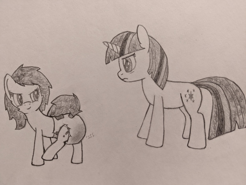 Size: 4080x3072 | Tagged: source needed, questionable, artist:craftycirclepony, derpibooru import, twilight sparkle, oc, oc:anonfilly, unofficial characters only, earth pony, pony, angry, cheek fluff, diaper, diaper fetish, duo, ear fluff, female, fetish, filly, foal, grayscale, image, jpeg, leg fluff, lidded eyes, looking at you, lying down, monochrome, non-baby in diaper, smiling, smug, traditional art, underhoof, urine, wet diaper