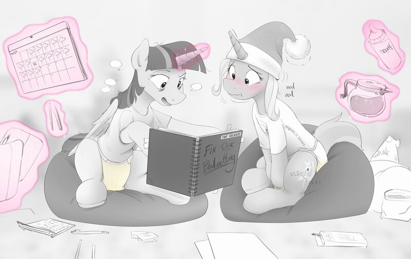 Size: 3381x2130 | Tagged: questionable, artist:edrian, derpibooru import, trixie, twilight sparkle, pony, baby bottle, beanbag chair, blushing, book, calendar, coffee, diaper, glow, glowing horn, hat, horn, image, jpeg, magic, non-baby in diaper, pissing, reading, telekinesis, urine, wet diaper, wetting