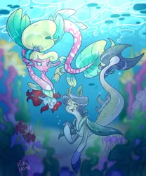 Size: 1280x1536 | Tagged: safe, artist:pupaprimeedition, derpibooru import, oc, unofficial characters only, fish, pony, seapony (g4), blue eyes, bubble, collar, coral, crepuscular rays, digital art, dorsal fin, female, fin wings, fins, fish tail, flowing mane, flowing tail, happy, image, jpeg, mare, ocean, open mouth, seaweed, signature, smiling, sunlight, swimming, tail, teeth, underwater, water, wings