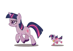 Size: 1222x845 | Tagged: safe, artist:joburii, derpibooru import, twilight sparkle, pony, robot, unicorn, annoyed, bell, cloven hooves, duo, female, image, png, running, self paradox, self ponidox, shadow, simple background, tiny twi, transparent background, unicorn twilight, unshorn fetlocks, walking, walking away