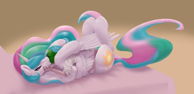 Size: 1713x833 | Tagged: suggestive, alternate version, artist:inkanyamba, derpibooru import, princess celestia, oc, oc:anon, alicorn, human, pony, duo, female, hooves in air, hug, human male, human male on mare, human on pony action, human on pony snuggling, image, interspecies, kissing, lying down, male, mare, on back, png, pony sized pony, prone, rolled up sleeves, simple background, size difference, snuggling, straight, winghug, wings, yellow background