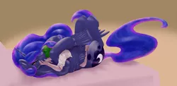 Size: 1713x833 | Tagged: suggestive, alternate version, artist:inkanyamba, derpibooru import, princess luna, oc, oc:anon, alicorn, human, pony, duo, female, hooves in air, hug, human male, human male on mare, human on pony action, human on pony snuggling, image, interspecies, kissing, lying down, male, mare, on back, png, pony sized pony, prone, rolled up sleeves, simple background, size difference, snuggling, straight, winghug, wings, yellow background