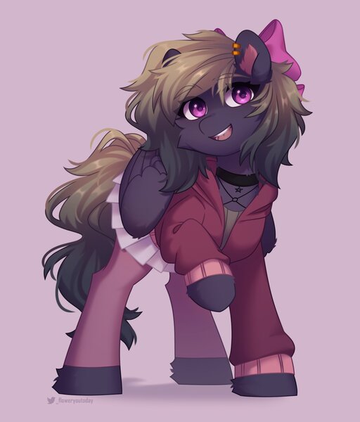 Size: 1793x2100 | Tagged: safe, artist:floweryoutoday, derpibooru import, oc, oc:tanya hastur, unofficial characters only, pegasus, pony, bow, cheek fluff, choker, clothes, commission, ear piercing, eye clipping through hair, eyebrows, eyebrows visible through hair, female, hair bow, hoodie, image, jpeg, leg fluff, looking at you, mare, open mouth, open smile, pegasus oc, piercing, raised leg, simple background, skirt, smiling, smiling at you, solo, tights, wings