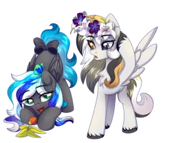 Size: 3000x2500 | Tagged: safe, artist:leah minik, derpibooru import, oc, oc:flaming dune, oc:storm cloud river's, unofficial characters only, butterfly, insect, pegasus, pony, blushing, bow, cute, dilated pupils, female, floral head wreath, flower, food, gradient eyes, green eyes, heterochromia, image, looking at each other, looking at someone, mare, open mouth, pegasus oc, png, raised hoof, simple background, strawberry, white background, wings