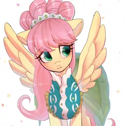 Size: 1500x1500 | Tagged: safe, artist:hosikawa, derpibooru import, fluttershy, pegasus, pony, green isn't your color, alternate hairstyle, clothes, cute, daaaaaaaaaaaw, dress, female, floppy ears, image, jpeg, mare, modelshy, shyabetes, simple background, solo, spread wings, white background, wings