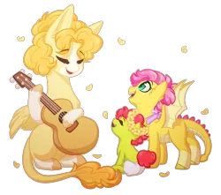 Size: 2535x2245 | Tagged: safe, artist:purplegrim40, derpibooru import, oc, unofficial characters only, dracony, dragon, earth pony, hybrid, pegasus, pony, female, filly, foal, guitar, image, mare, musical instrument, png, simple background, transparent background