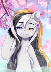 Size: 1764x2500 | Tagged: safe, artist:leah minik, derpibooru import, oc, oc:storm cloud river's, unofficial characters only, pegasus, pony, female, flower, flower in hair, heterochromia, image, looking at you, mare, pegasus oc, png, raised hoof, smiling, smiling at you, solo, straight hair, wings