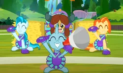 Size: 1032x611 | Tagged: safe, derpibooru import, screencap, lighthoof, ocellus, shimmy shake, yona, changedling, changeling, pony, yak, 2 4 6 greaaat, cheerleader, cheerleader outfit, clothes, cropped, cute, diaocelles, eyes closed, group, image, megaphone, png, smiling