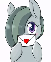 Size: 739x889 | Tagged: safe, artist:a.s.e, derpibooru import, marble pie, earth pony, pony, blushing, cute, envelope, female, heart, image, jpeg, letter, looking at you, marblebetes, mare, simple background, solo, white background