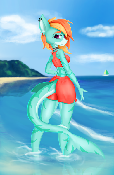 Size: 2280x3504 | Tagged: safe, artist:qbellas, derpibooru import, oc, anthro, original species, shark, shark pony, anthro oc, beach, beach shorts swimsuit, clothes, female, image, looking at you, looking back, png, shorts, solo, solo female