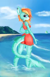 Size: 2280x3504 | Tagged: safe, artist:qbellas, derpibooru import, oc, anthro, original species, shark, shark pony, anthro oc, beach, beach shorts swimsuit, clothes, female, image, looking at you, looking back, png, shorts, solo, solo female