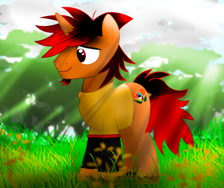 Size: 2429x2040 | Tagged: safe, artist:fededash, derpibooru import, oc, oc:paul, unofficial characters only, unicorn, background, beard, clothes, facial hair, glass, horn, image, male, png, shadow, shirt, smiling, sun, tree, unicorn oc