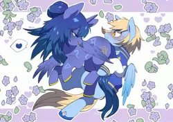 Size: 2894x2039 | Tagged: safe, artist:potetecyu_to, derpibooru import, oc, unofficial characters only, alicorn, pegasus, pony, blushing, constellation, ethereal mane, female, flirting, heart, image, jpeg, letterman jacket, male, mare, oc x oc, shipping, stallion, starry mane, straight, unshorn fetlocks