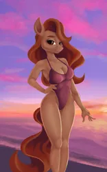 Size: 969x1549 | Tagged: suggestive, artist:qbellas, derpibooru import, oc, unnamed oc, unofficial characters only, anthro, anthro oc, beach, breasts, cleavage, clothes, female, image, looking at you, one-piece swimsuit, png, smiling, smiling at you, solo, solo female, sunset, swimsuit