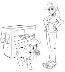 Size: 661x733 | Tagged: safe, artist:applephil, derpibooru import, applejack, earth pony, human, pony, black and white, clothes, feet, female, grayscale, hand on hip, human ponidox, humanized, image, mare, monochrome, mouth hold, png, sandals, self paradox, self ponidox, simple background, slippers, white background, wiggling toes