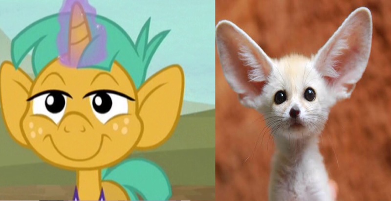 Size: 1920x987 | Tagged: safe, derpibooru import, edit, edited screencap, screencap, snails, fennec fox, fox, pony, buckball season, animal, big ears, coincidence i think not, colt, comparison, foal, front view, glow, glowing horn, horn, image, jpeg, magic, magic aura, male