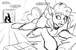 Size: 1280x853 | Tagged: source needed, safe, artist:acesential, pinkie pie, human, pony, black and white, father and child, father and daughter, female, grayscale, human to pony, image, male, monochrome, mother and child, mother and daughter, png, sketch, transformation, transgender transformation