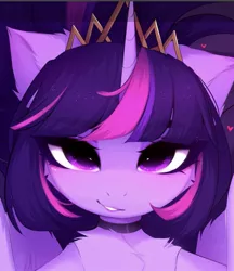 Size: 1137x1318 | Tagged: safe, artist:magnaluna, derpibooru import, twilight sparkle, twilight sparkle (alicorn), alicorn, pony, unicorn, [valve]twilight sparkle, alternate hairstyle, bedroom eyes, collar, crown, eyebrows, eyebrows visible through hair, heart, heart eyes, image, jewelry, jpeg, lipstick, purple eyes, regalia, smiling, solo, wingding eyes