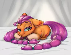 Size: 1200x929 | Tagged: safe, artist:inkypuso, derpibooru import, sunny starscout, earth pony, pony, bed, curled up, female, g5, image, jpeg, lidded eyes, looking at you, mare, signature, smiling, solo
