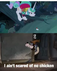 Size: 820x1022 | Tagged: safe, derpibooru import, edit, edited screencap, screencap, princess celestia, alicorn, anthro, bird, chicken, dog, pony, between dark and dawn, alektorophobia, crossover, disney, goofy (disney), image, jpeg, looking down, meme, that princess sure is afraid of chickens, the lonesome ghosts, tree, tree branch