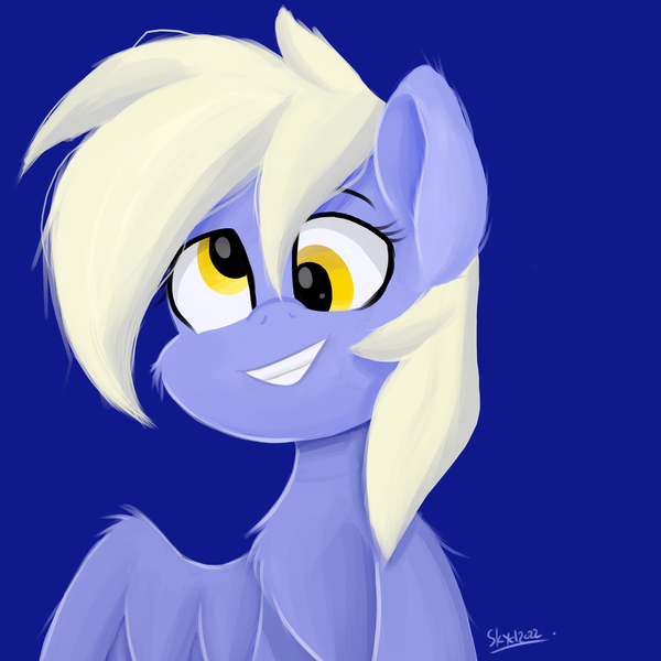 Size: 4000x4000 | Tagged: safe, artist:skydakx, derpibooru import, derpy hooves, pegasus, pony, blue background, derp, female, grin, image, mare, png, signature, simple background, smiling, solo