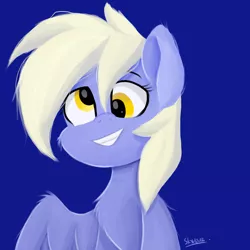 Size: 4000x4000 | Tagged: safe, artist:skydakx, derpibooru import, derpy hooves, pegasus, pony, blue background, derp, female, grin, image, mare, png, signature, simple background, smiling, solo