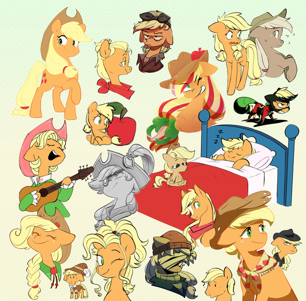 Size: 6141x6046 | Tagged: safe, artist:chub-wub, derpibooru import, applejack, masked matter-horn, earth pony, pony, alternate hairstyle, applejack's hat, applejewel, bed, blanket, captain jackbeard, cowboy hat, cute, discorded, eyepatch, female, filly, filly applejack, green background, grin, guitar, hat, image, jackabetes, jpeg, mare, musical instrument, older, older applejack, one eye closed, pillow, pirate applejack, power ponies, simple background, smiling, teenage applejack, teenager, wink, younger