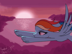 Size: 600x450 | Tagged: safe, artist:hauntedtuba, derpibooru import, rainbow dash, pegasus, pony, animated, blinking, cloud, female, flapping wings, flying, gif, image, loop, motion lines, perfect loop, signature, solo, spread wings, sunset, water, wind, windswept mane, wings