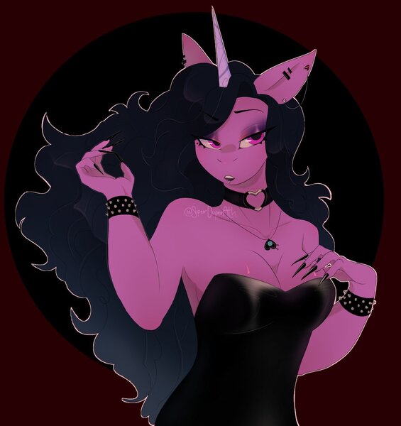 Size: 1073x1139 | Tagged: safe, artist:superduperath, derpibooru import, izzy moonbow, anthro, unicorn, bracelet, breasts, choker, cleavage, clothes, dress, g5, goth, goth izzy, image, jpeg, lidded eyes, solo, spiked wristband, wristband