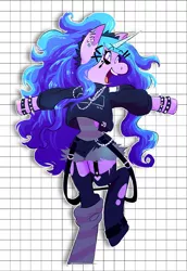 Size: 1034x1500 | Tagged: safe, artist:stevetwisp, derpibooru import, izzy moonbow, semi-anthro, unicorn, bracelet, clothes, cute, daisy dukes, g5, garter straps, goth, goth izzy, hoodie, image, izzybetes, jpeg, makeup, open mouth, piercing, punk, ripped stockings, shirt, shorts, smiling, socks, solo, spiked wristband, stockings, thigh highs, torn clothes, wristband