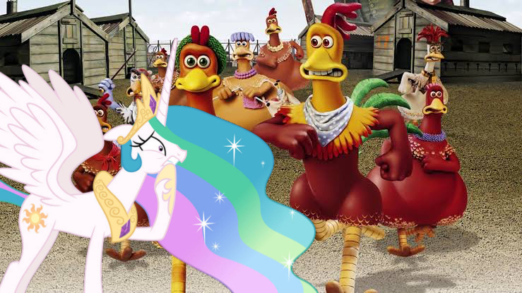 Size: 739x415 | Tagged: safe, artist:dashiesparkle, derpibooru import, edit, princess celestia, alicorn, bird, chicken, between dark and dawn, alektorophobia, chicken run, cutie mark, flowing mane, flowy mane, ginger (chicken run), image, jpeg, poster, rocky (chicken run), rooster, scared, scaredlestia, spread wings, that princess sure is afraid of chickens, vector, wallpaper, wings