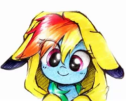 Size: 2235x1790 | Tagged: safe, artist:liaaqila, derpibooru import, rainbow dash, pegasus, pikachu, pony, clothes, cute, daaaaaaaaaaaw, dashabetes, hoodie, image, jpeg, looking at you, pokémon, simple background, smiling, smiling at you, traditional art, weapons-grade cute, white background